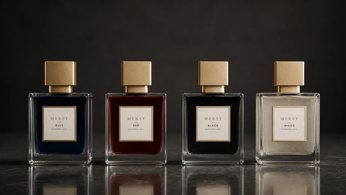 Four MERSY bottles in a row — blue, red, black and white — each with a gold cap and an ivory MERSY label.