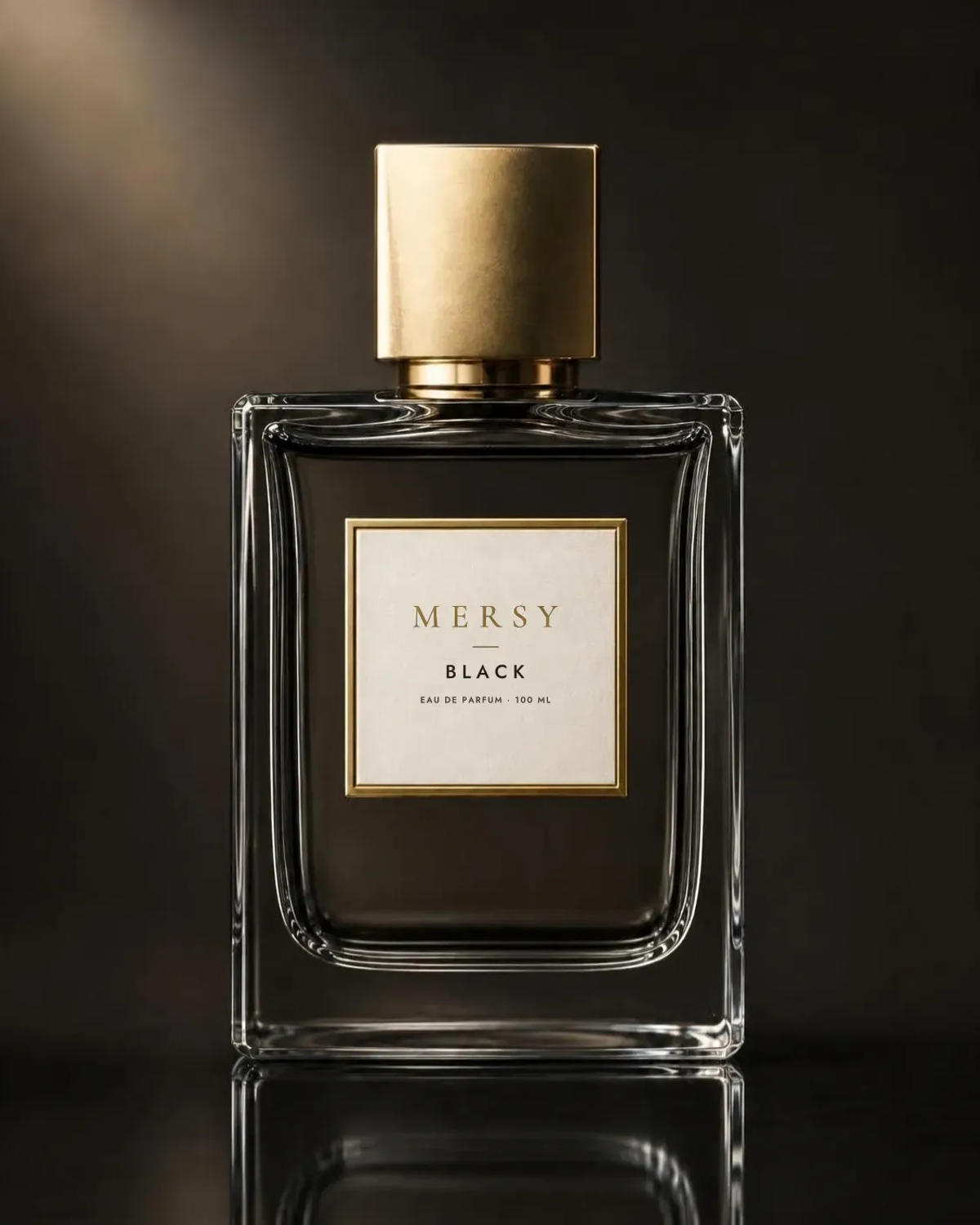 The MERSY Black bottle: square glass with smoky near-black liquid, a gold cap and an ivory MERSY label.