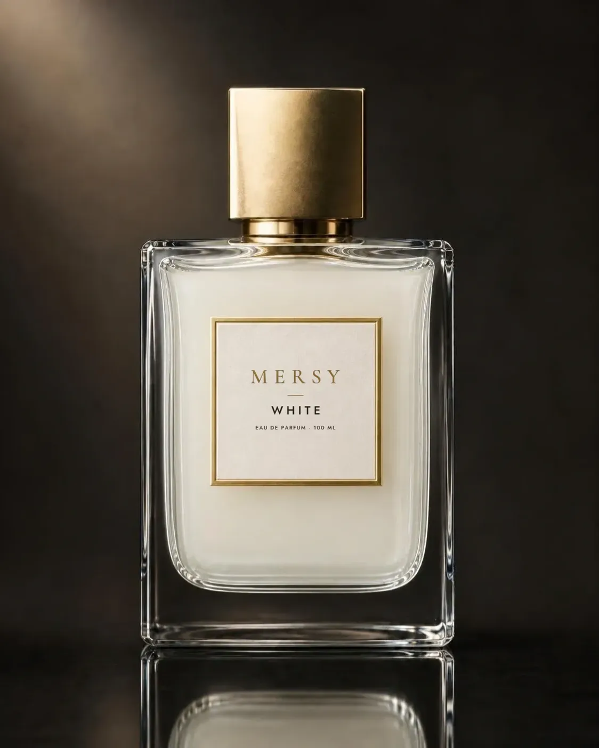 The MERSY White bottle: square glass with pale ivory liquid, a gold cap and an ivory MERSY label.